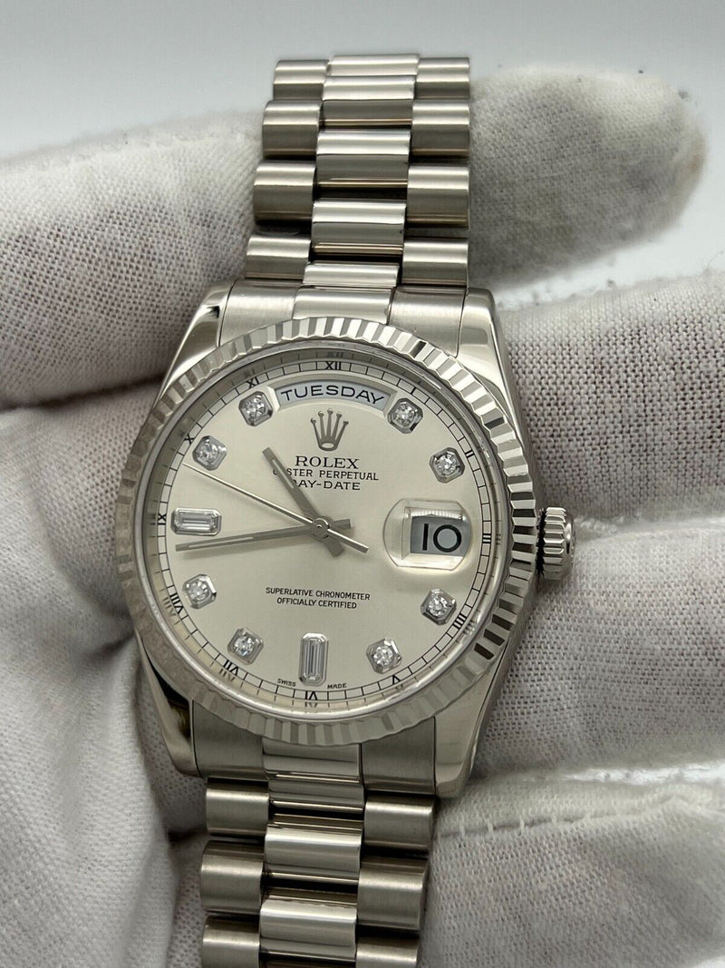 Rolex President Day Date 118239 Silver Diamond Dial 18K White Gold 36mm Box