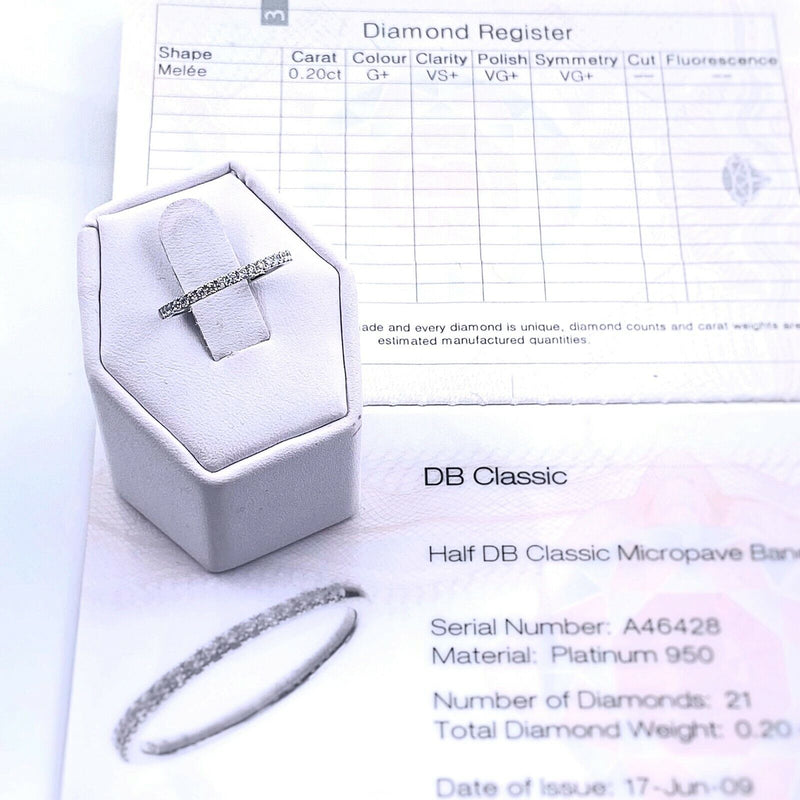 De Beers Platinum Diamond 0.20 TCW Classic Half Eternity Wedding Band RingPapers