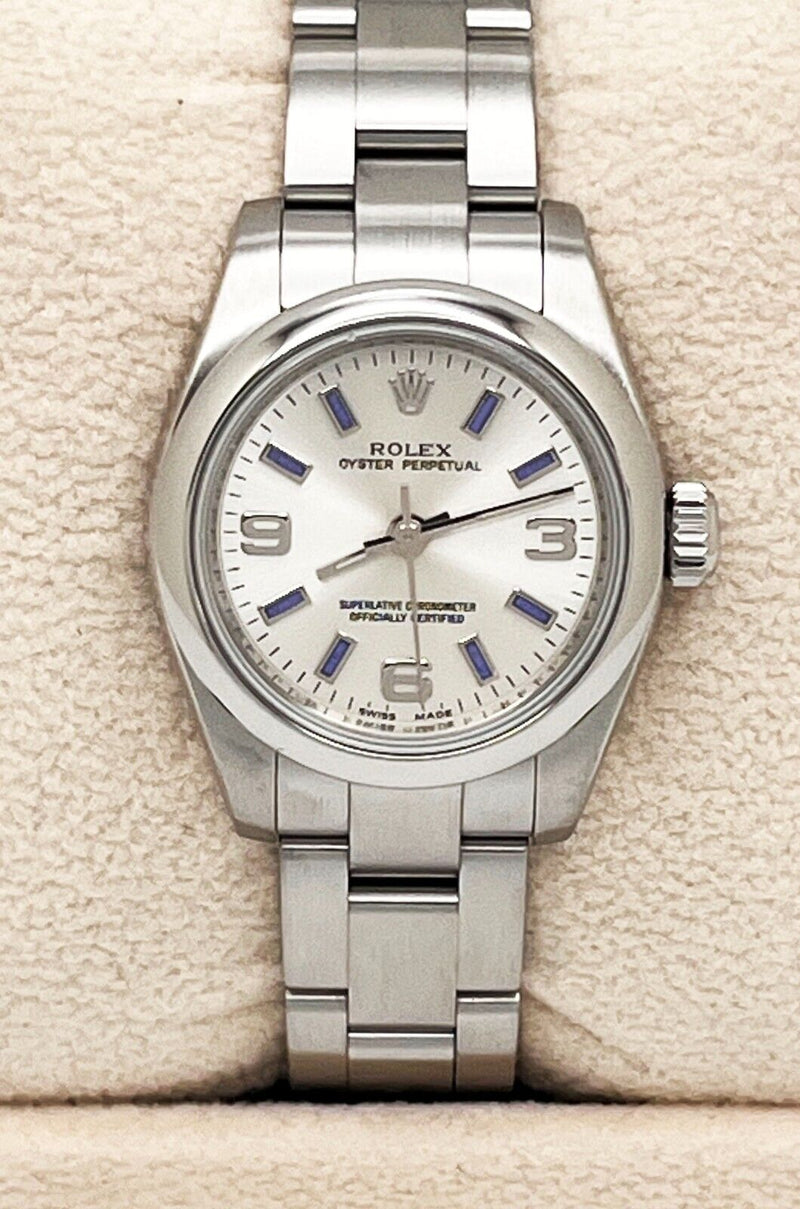 Rolex Ladies Oyster Perpetual 176200 Silver Dial Blue Markers Stainless Steel