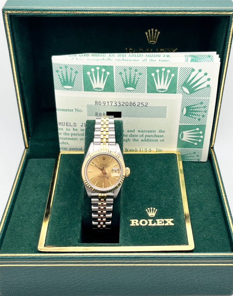 Rolex Ladies Datejust 69173 Champagne Dial 18K Yellow Gold Stainless Box Papers