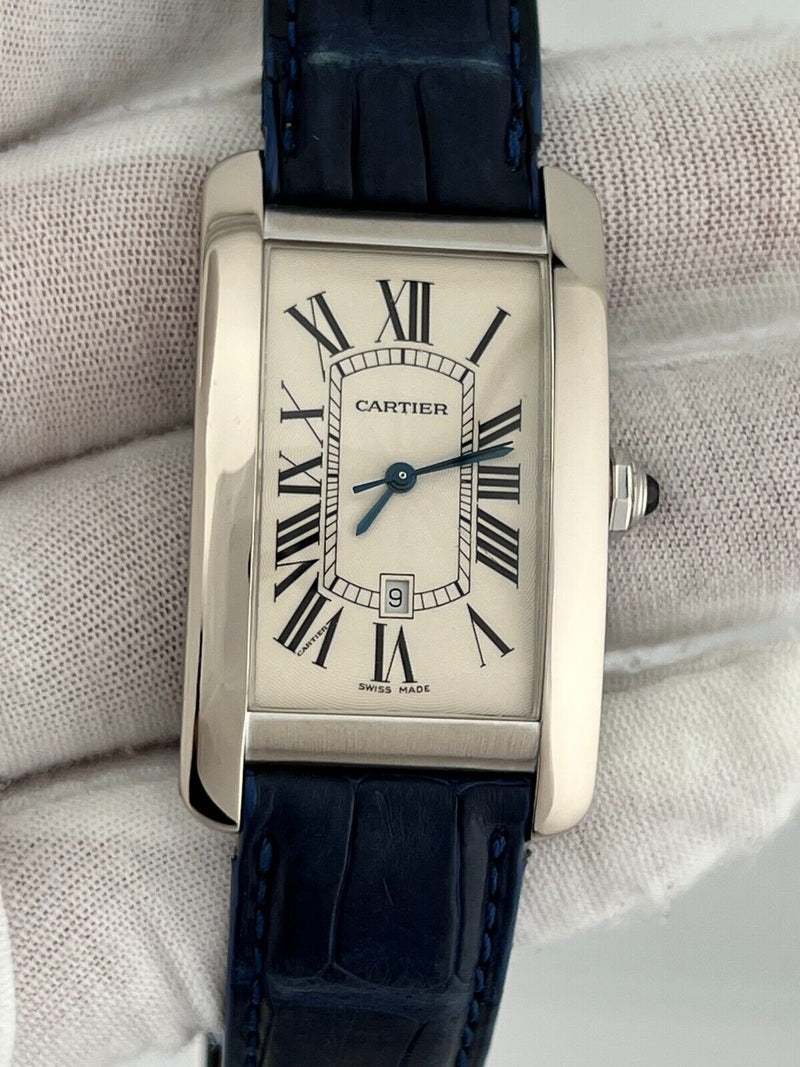 Cartier Tank Americaine Ref 1741  18K White Gold Blue Leather Strap