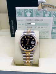 Rolex Datejust 16233 36mm Factory Black Diamond Dial 18K Gold & Steel Box Papers