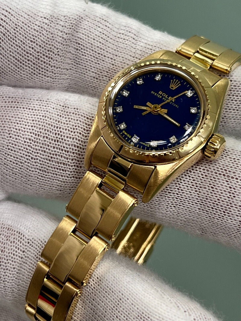 Rolex Oyster Perpetual Ladies 18K Yellow Gold 67198 Blue Diamond Dial