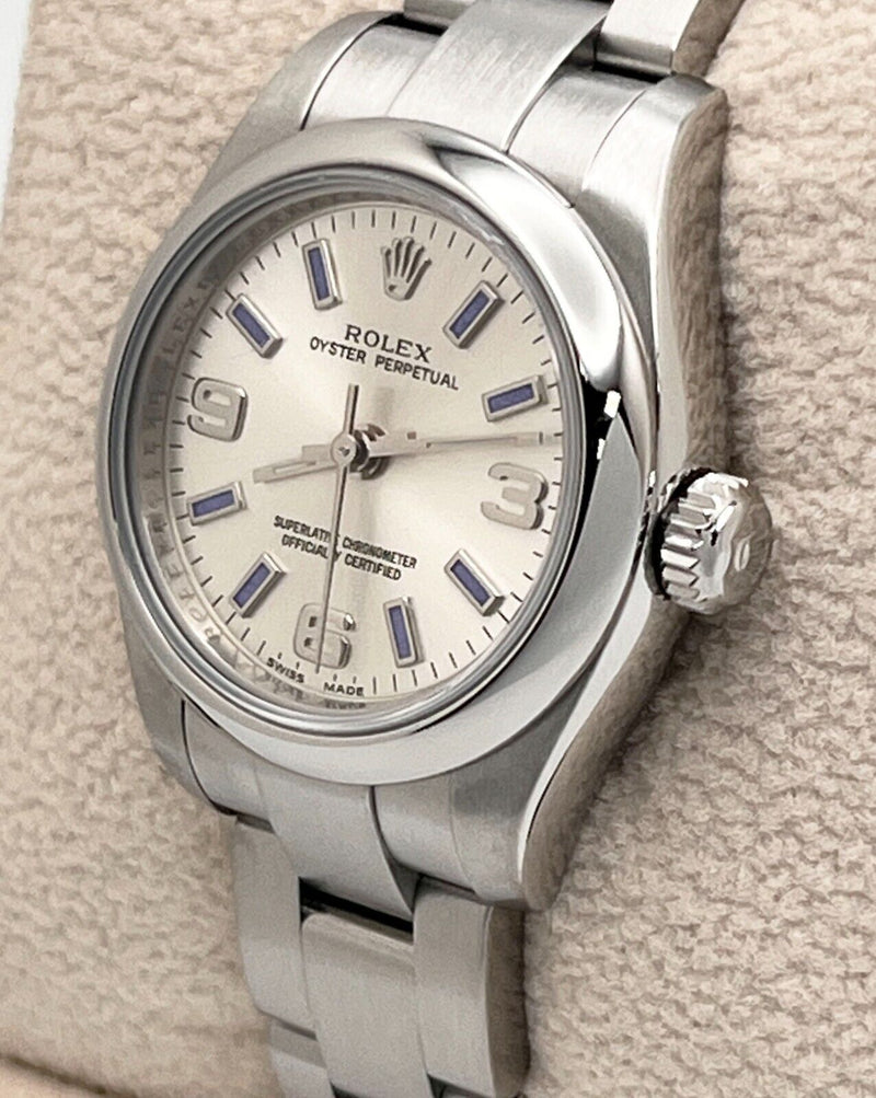 Rolex Ladies Oyster Perpetual 176200 Silver Dial Blue Markers Stainless Steel