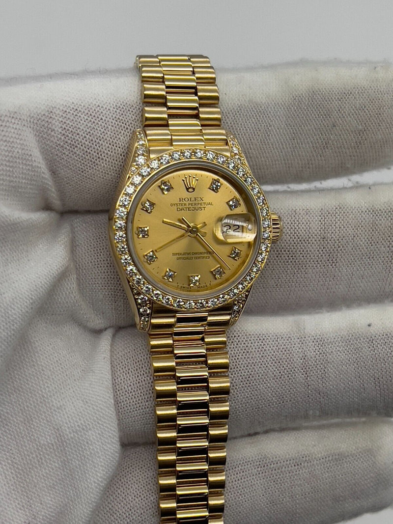 Rolex Ladies President 69158 Factory Diamond Dial Diamond Bezel & Lugs 18K Gold