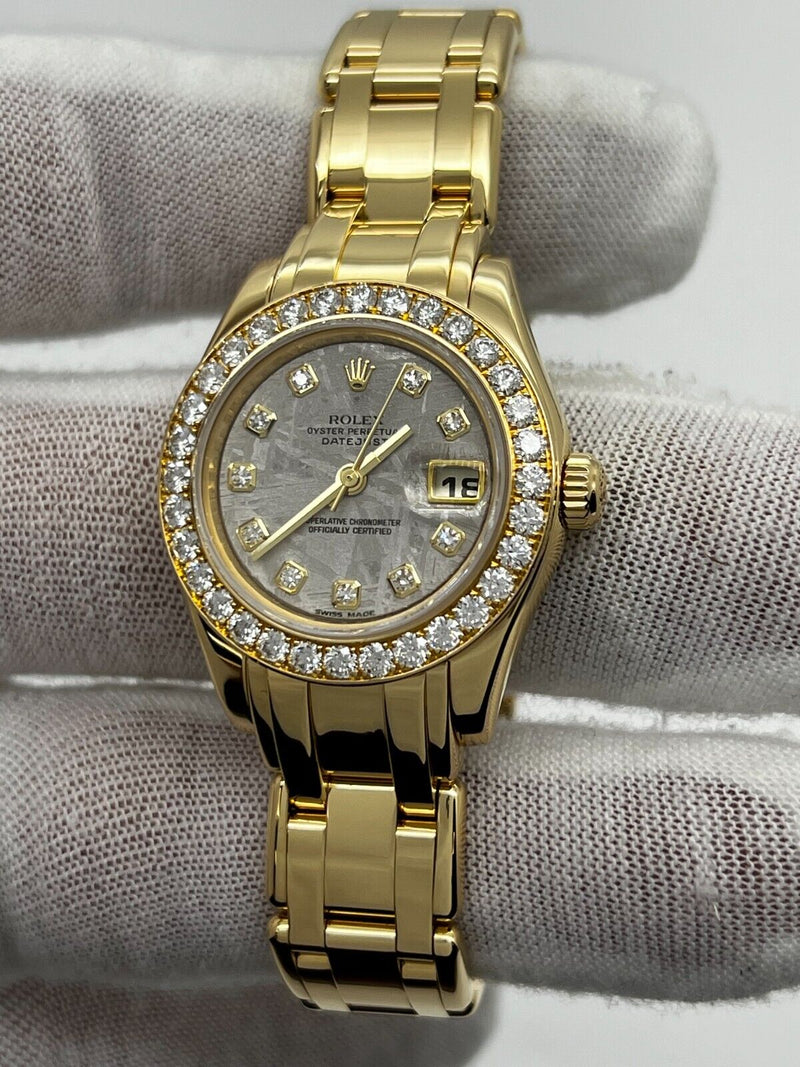 Rolex 80298 Ladies Pearlmaster Meteorite Dial Diamond 18K Yellow Gold Box Paper