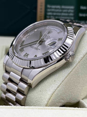 Rolex 218239 President Day Date II 41mm Silver Dial 18K White Gold Box Paper