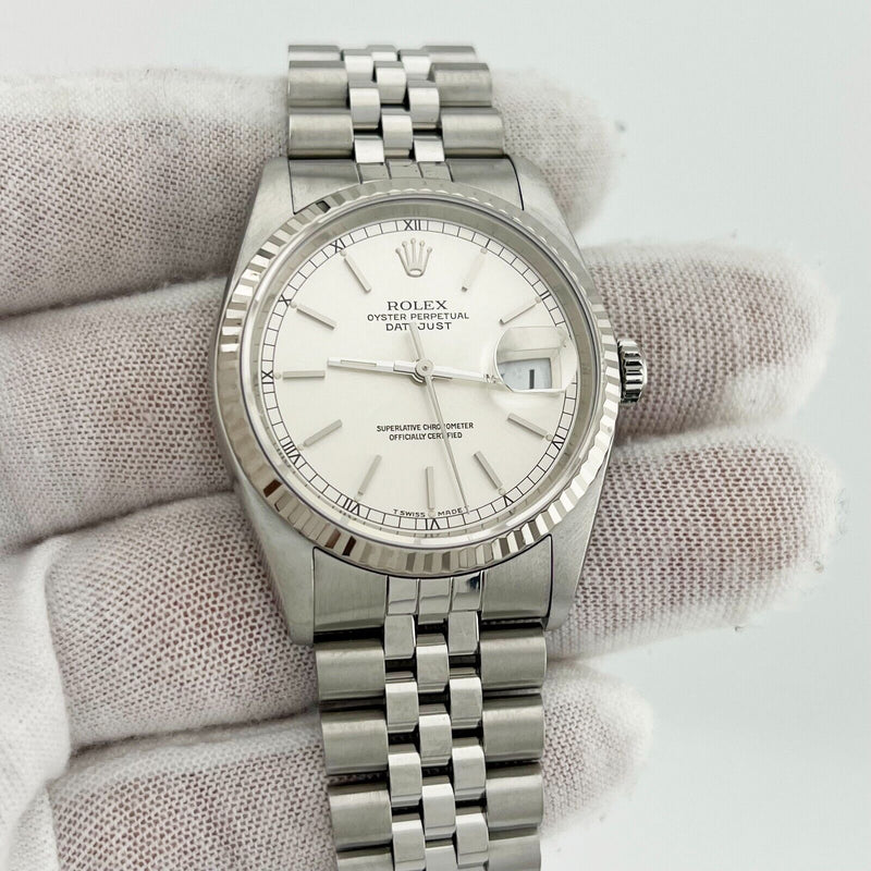 Rolex Datejust 16234 36mm Silver Dial 18K White Gold Stainless Steel Box Paper