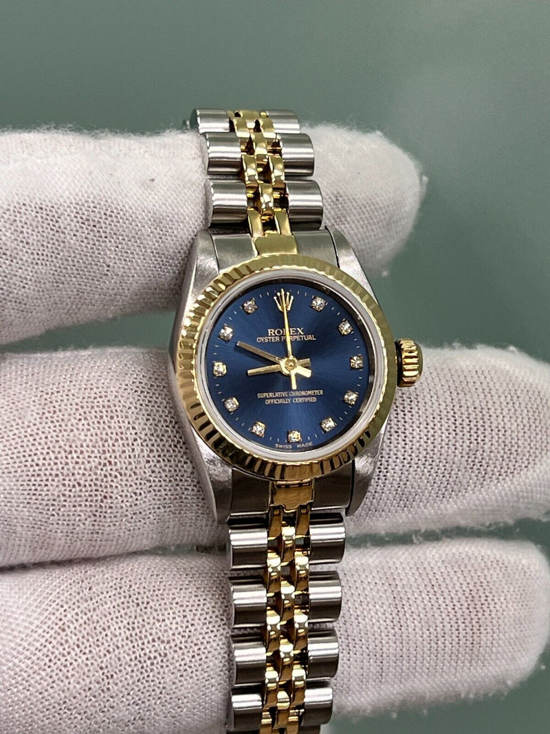 Rolex Oyster Perpetual Ladies 67193 Blue Diamond Dial 18K Gold Steel Box Papers