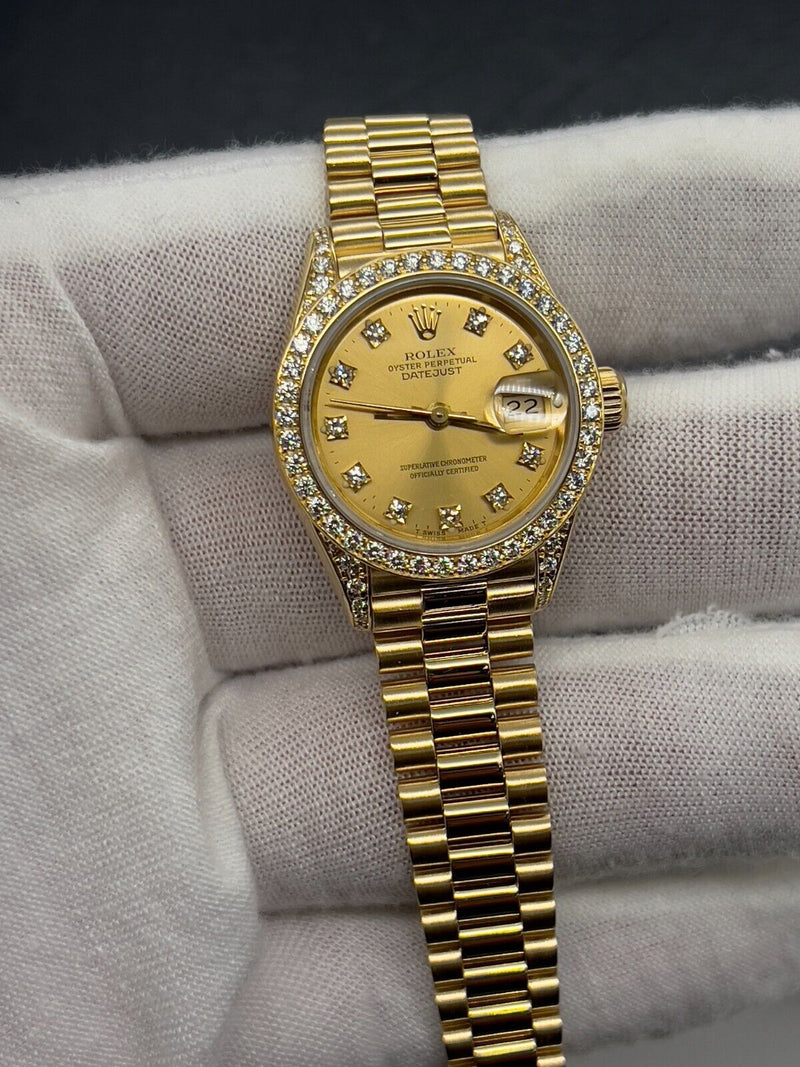 Rolex Ladies President 69158 Factory Diamond Dial Diamond Bezel & Lugs 18K Gold