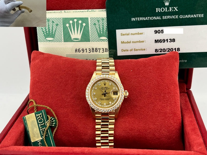 Rolex Ladies President 69138 String Dial Diamond Bezel 18K Yellow Gold Box Paper