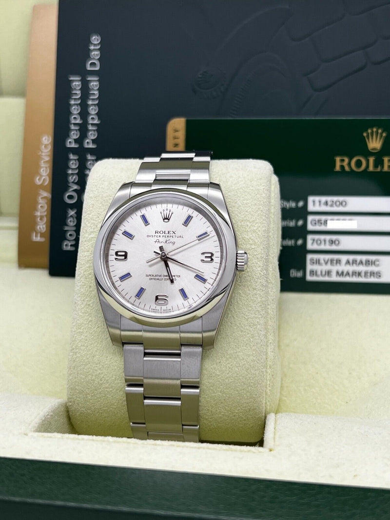 Rolex 114200 Air King Silver Arabic Blue Markers 34mm Stainless Steel Box Paper