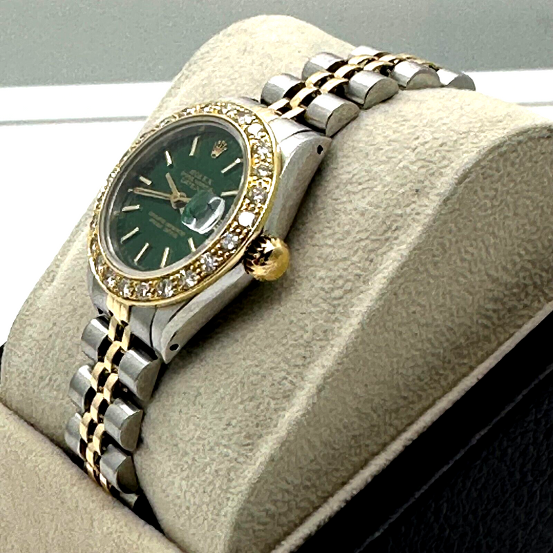 Rolex Ladies Datejust 69173 Diamond Bezel Green Dial 18K Yellow Gold Steel