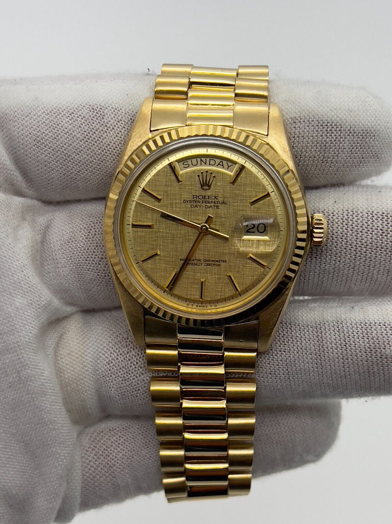 Rolex 1803 President Day Date 36mm Champagne Linen Pie Pan Dial 18K Yellow Gold