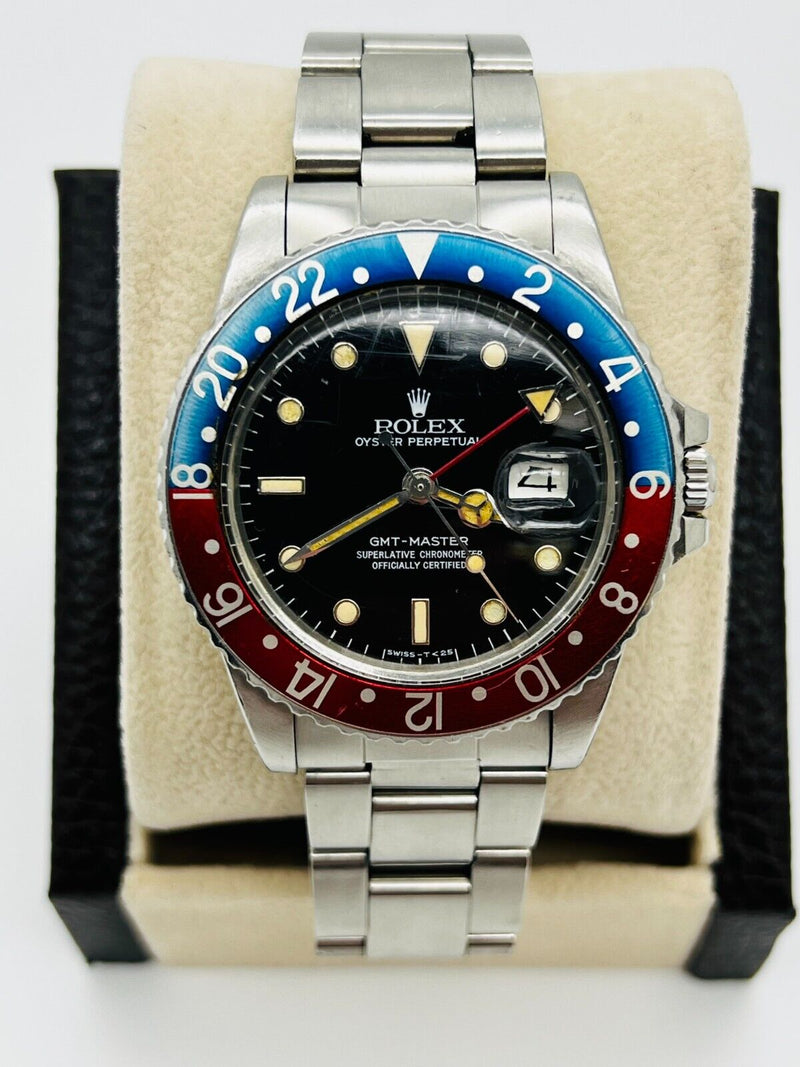 Rare Rolex 16750 GMT Master Pepsi Stainless Steel Original Spider Glossy Dial