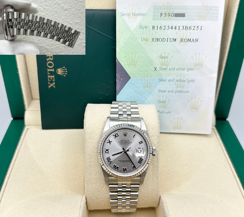 2005 Rolex Datejust 16234 36mm Rhodium Roman Dial 18K Gold Bezel Steel