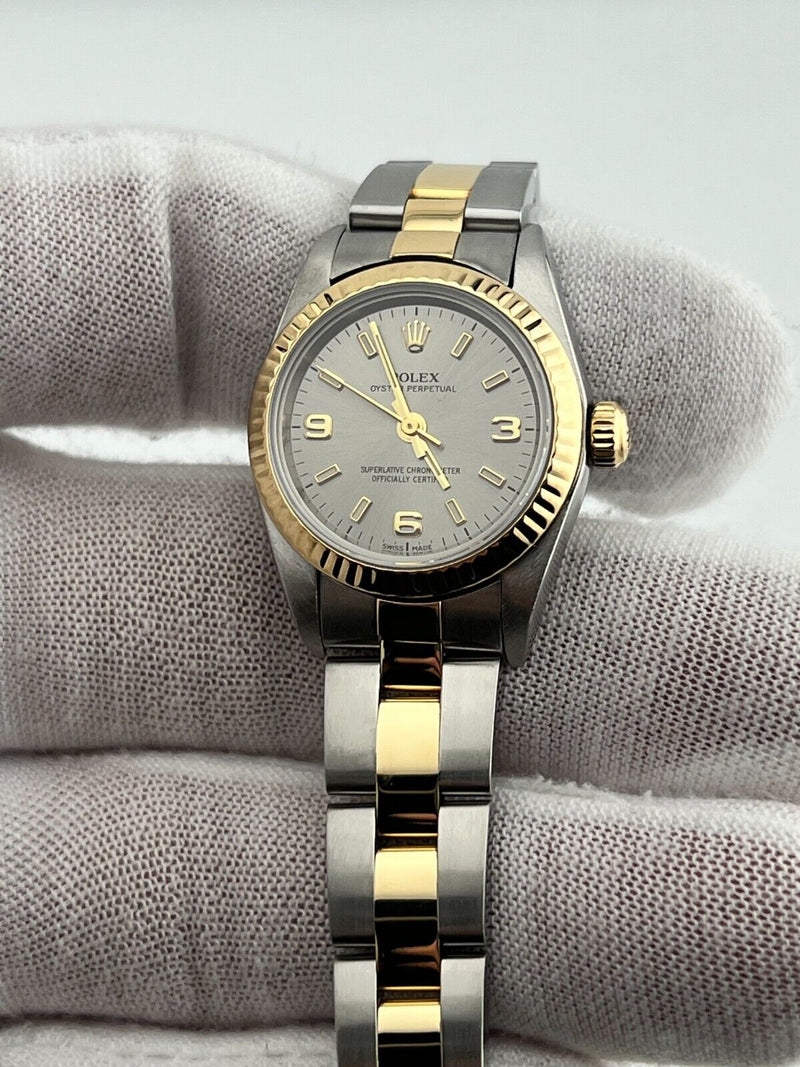 Rolex Ladies Oyster Perpetual 76193 Silver 18K Yellow Gold Steel Box Paper