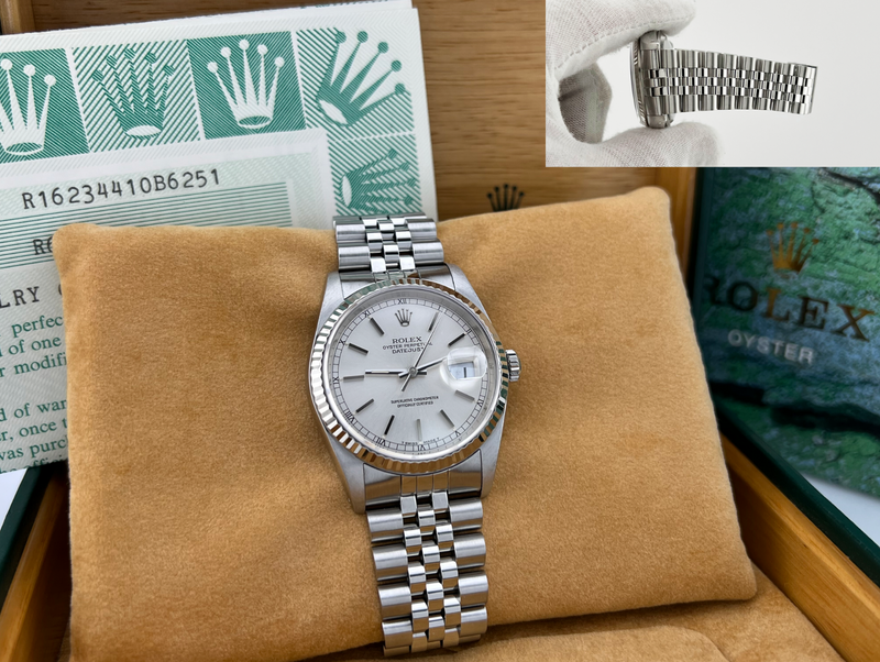 Rolex Datejust 16234 36mm Silver Dial 18K White Gold Stainless Steel Box Paper