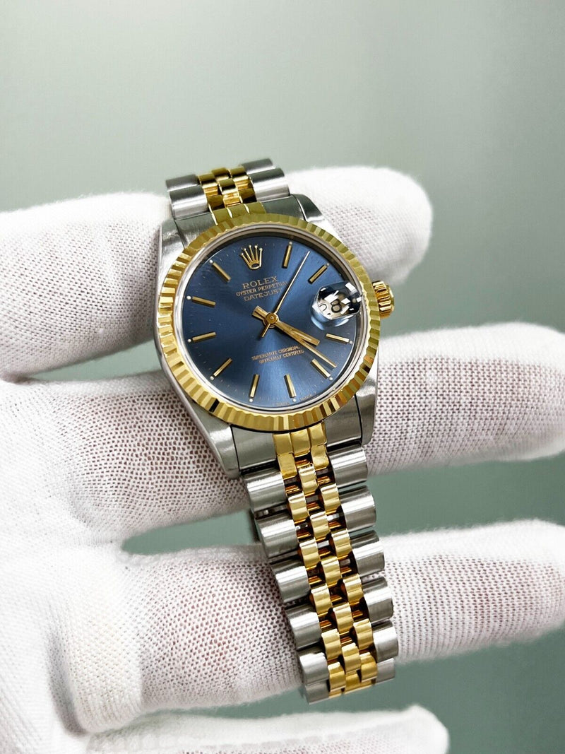 Rolex 68273 Midsize 31mm Datejust Blue Dial 18K Yellow Gold Stainless Box Paper