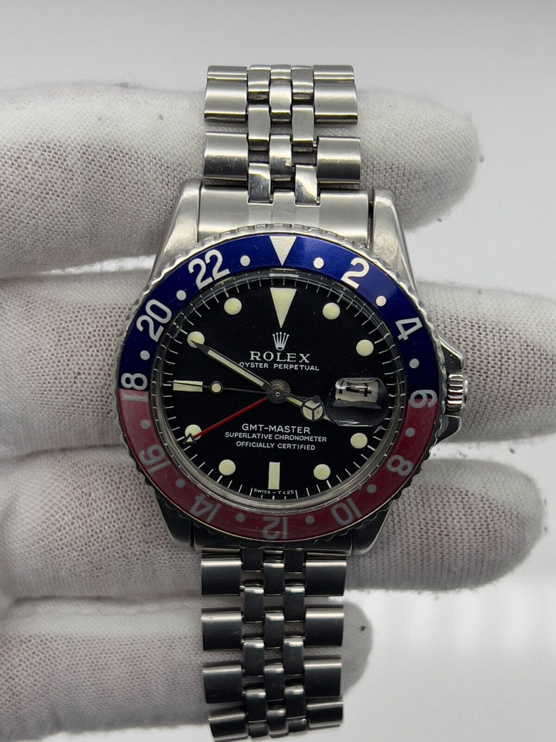 VINTAGE Rolex GMT Master 1675 Pepsi Red Blue Steel Jubilee Box Service Paper