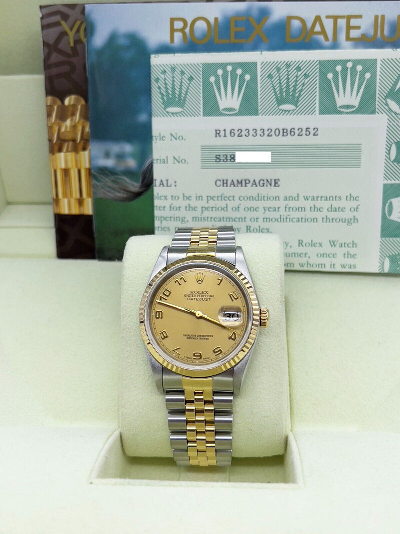 Rolex Datejust 16233 Champagne Arabic Dial 18K Yellow Gold Stainless Box Papers