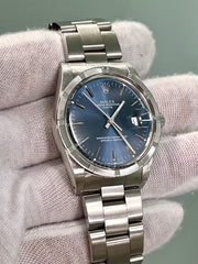 Rolex Date 15010 34mm Blue Dial Stainless Steel Engine-Turned Bezel Box Paper