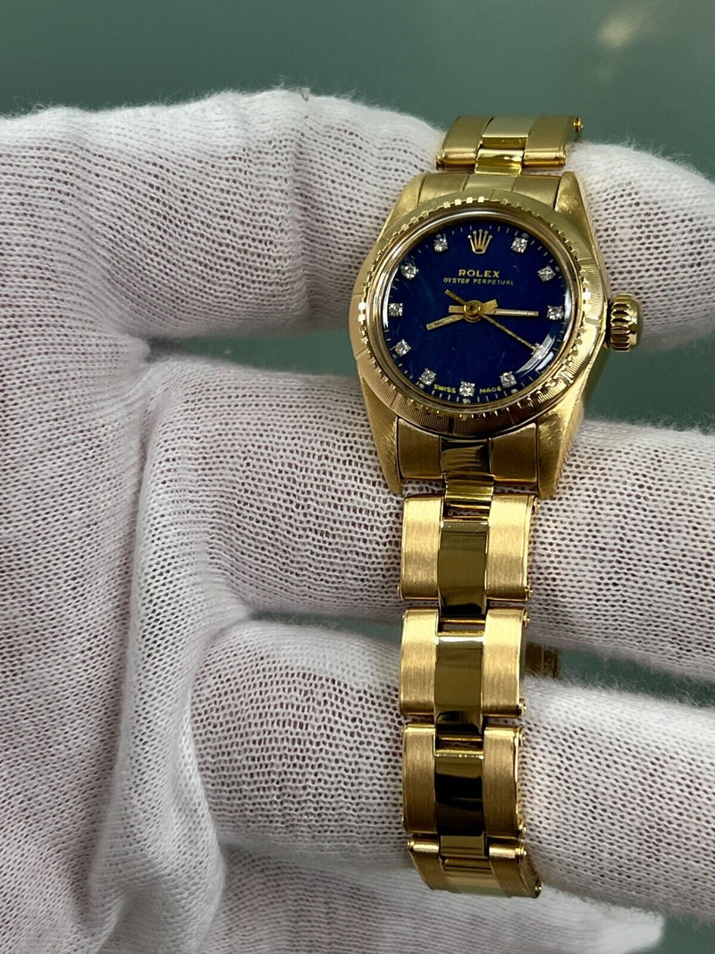 Rolex Oyster Perpetual Ladies 18K Yellow Gold 67198 Blue Diamond Dial