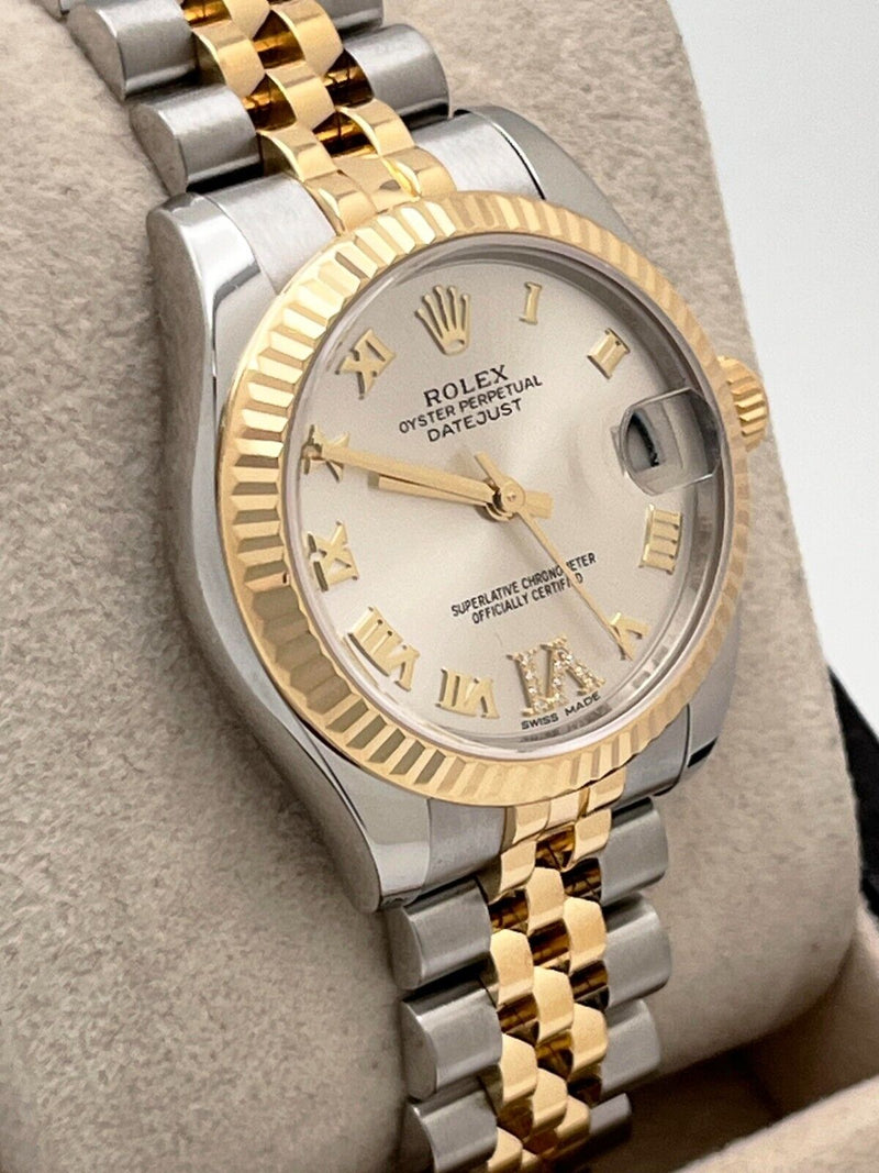 Rolex Datejust Midsize 31mm 178273 Silver Diamond VI 18K Gold Steel Box Paper