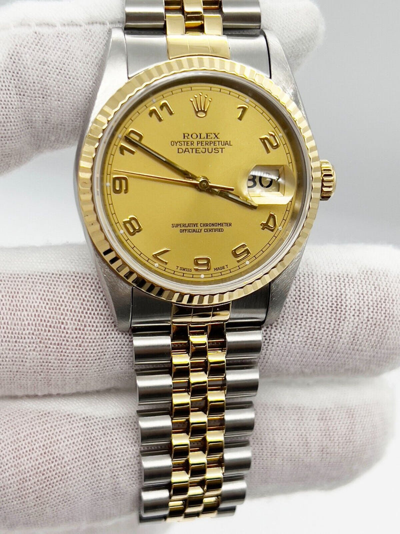 Rolex Datejust 16233 Champagne Arabic Dial 18K Yellow Gold Stainless Box Papers