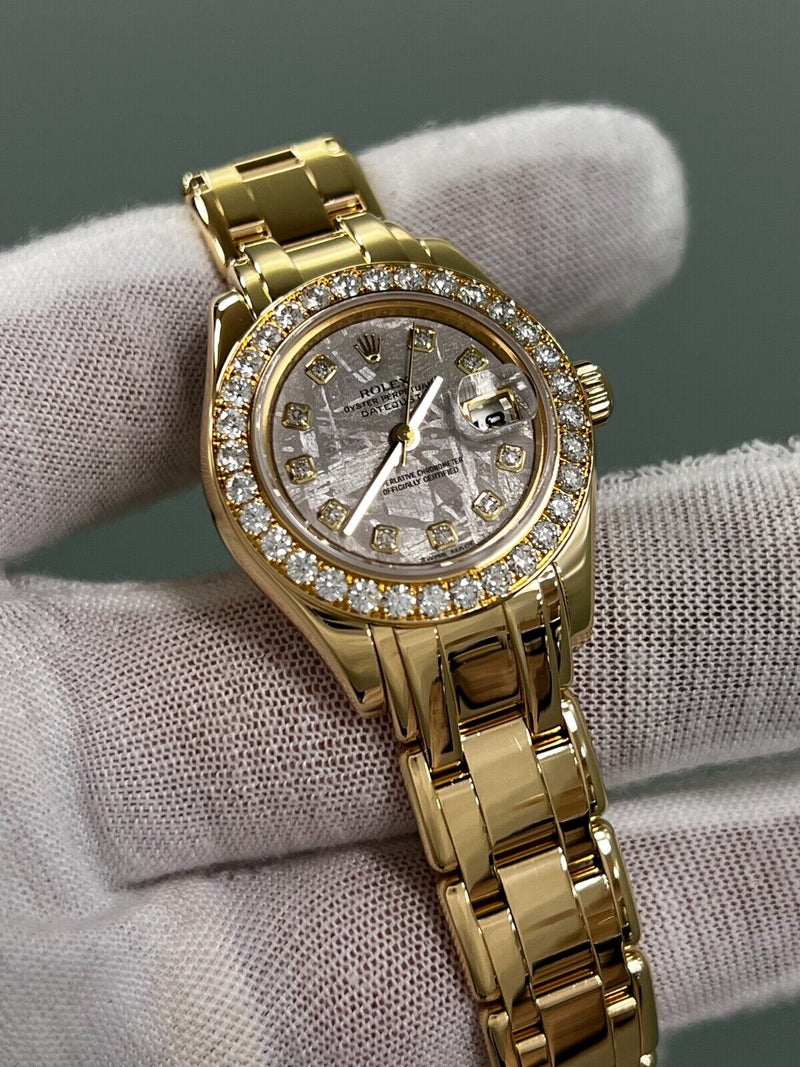 Rolex 80298 Ladies Pearlmaster Meteorite Dial Diamond 18K Yellow Gold Box Paper