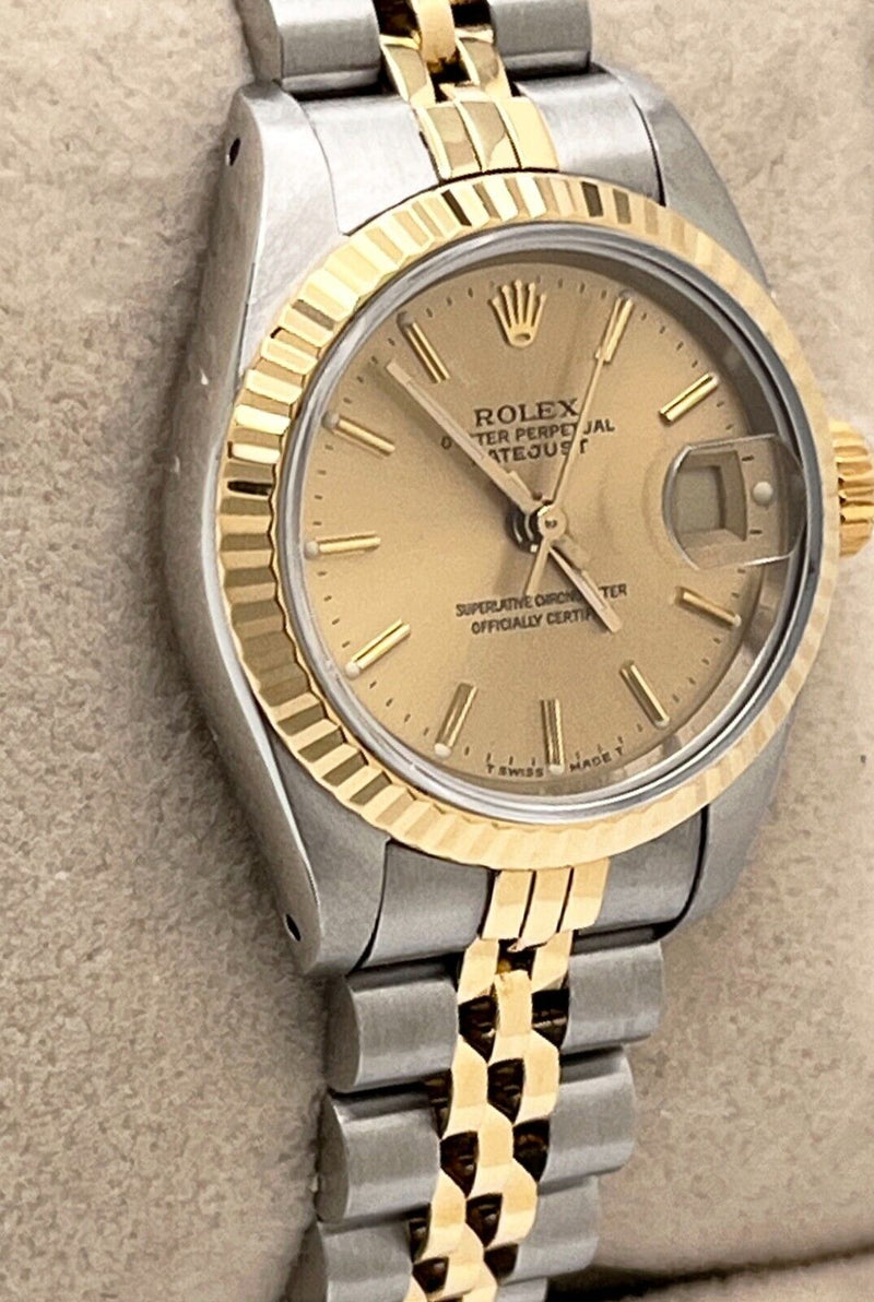 Rolex Ladies Datejust 69173 Champagne Dial 18K Yellow Gold Stainless Box Papers