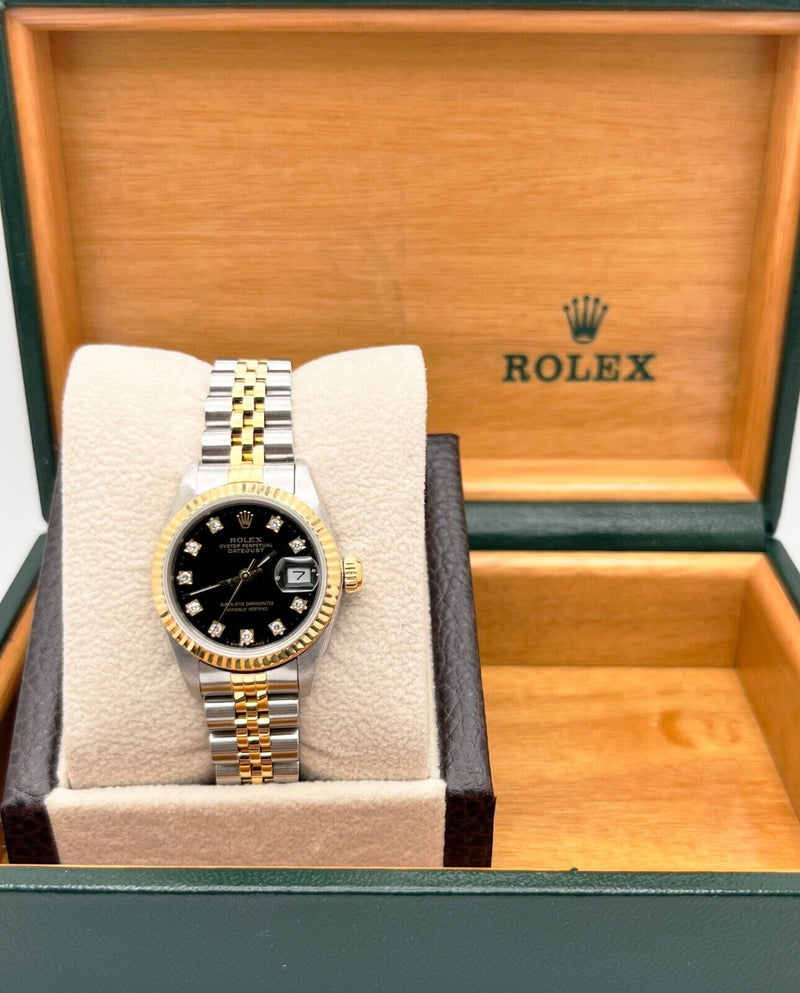 Rolex Datejust Ladies 69173 Black Diamond Dial 18K Yellow Gold Stainless Steel