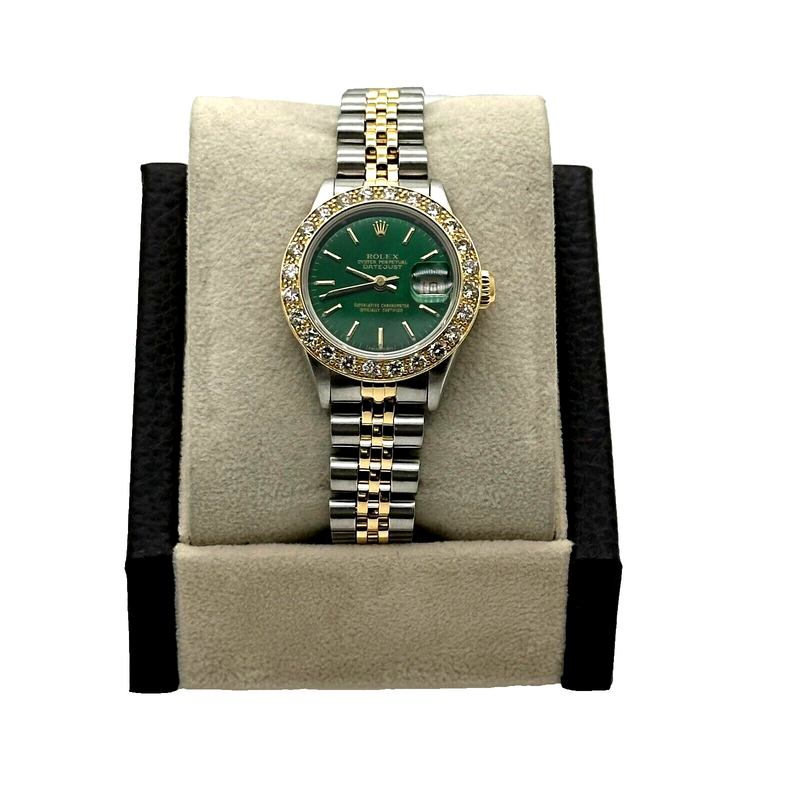 Rolex Ladies Datejust 69173 Diamond Bezel Green Dial 18K Yellow Gold Steel