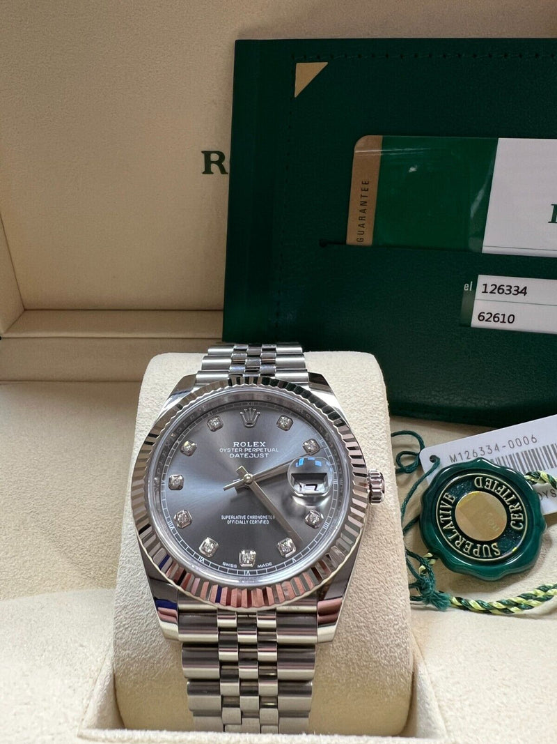 Rolex 126334 Datejust 41 Rhodium Diamond Dial Stainless Steel Box Paper