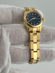 Rolex Oyster Perpetual Ladies 18K Yellow Gold 67198 Blue Diamond Dial