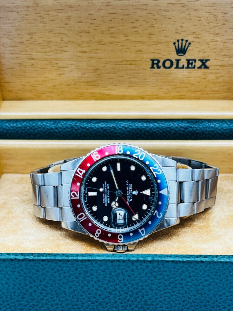 Rare Rolex 16750 GMT Master Pepsi Stainless Steel Original Spider Glossy Dial