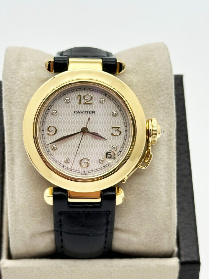 Cartier Pasha 1035 35m MOP Dial 18K Yellow Gold Leather Strap Service Paper