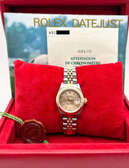 Rolex Ladies Datejust 69173 Tapestry Dial 18K Yellow Gold Stainless Box Papers