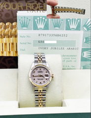 Rolex Ladies Datejust 79173 Ivory Jubilee Arabic Dial 18K Yellow Gold Box Paper