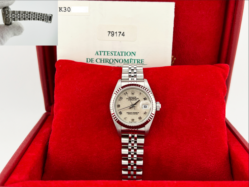 Rolex Ladies Datejust 79174 Jubilee Dial Steel 18K White Gold Bezel Box Papers