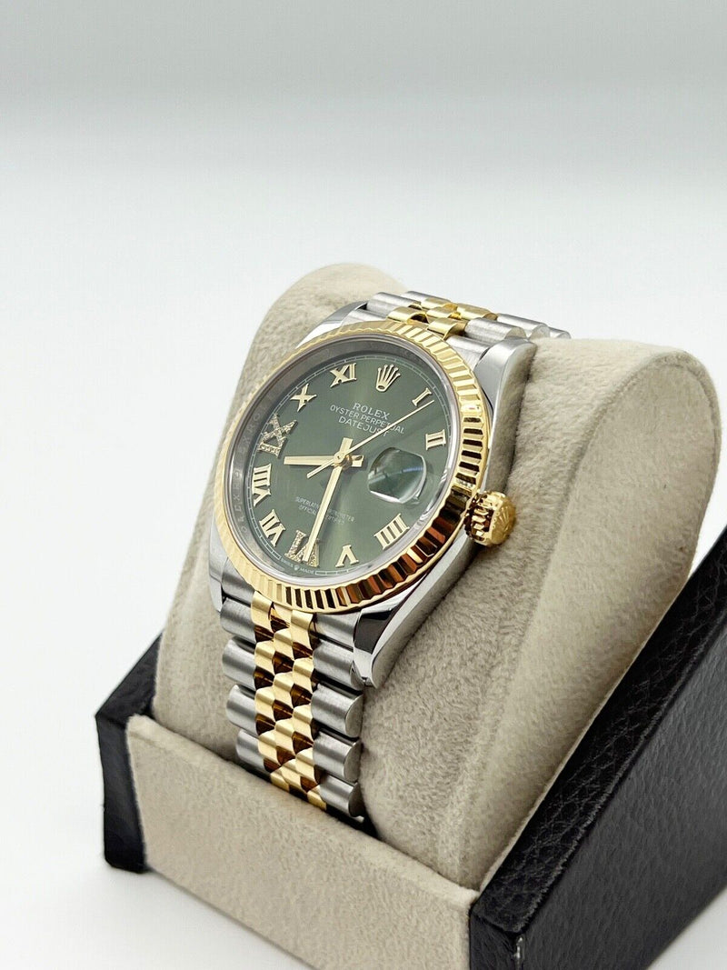 Rolex 126233 Datejust Olive Green Roman Diamond 18K Yellow Gold Steel Box Paper