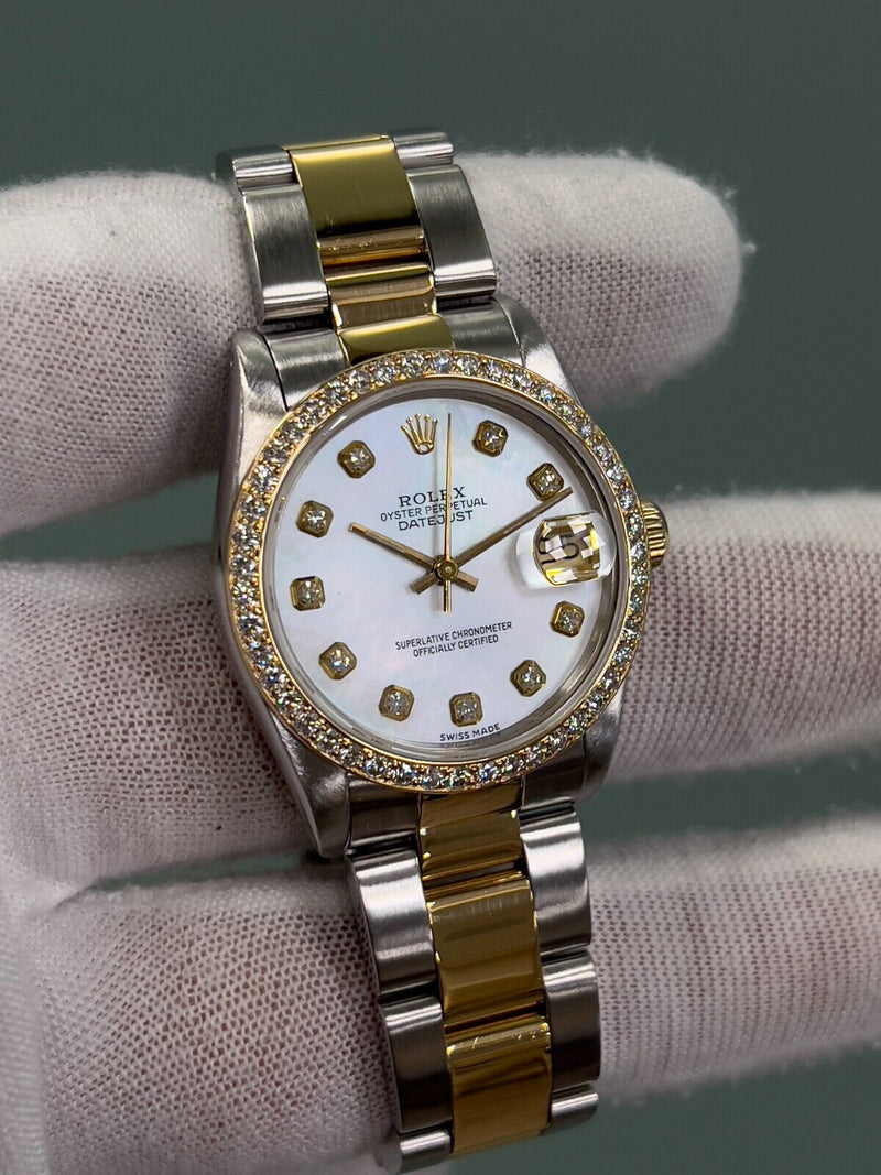 Rolex 68273 Midsize 31mm Datejust MOP Diamond Dial Diamond Bezel 18K Gold Steel