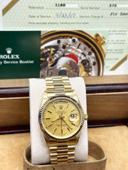 Rolex 18038 President Day Date Champagne Linen Dial 18K Gold Service Paper Mint