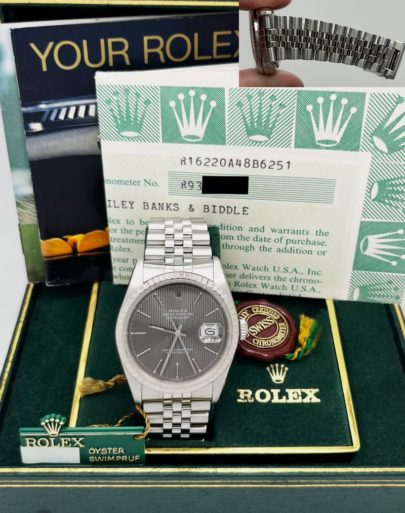 Rolex Datejust 16220 36mm Gray Tapestry Dial Stainless Steel Box Papers