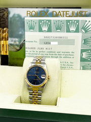 Rolex 68273 Midsize 31mm Datejust Blue Dial 18K Yellow Gold Stainless Box Paper