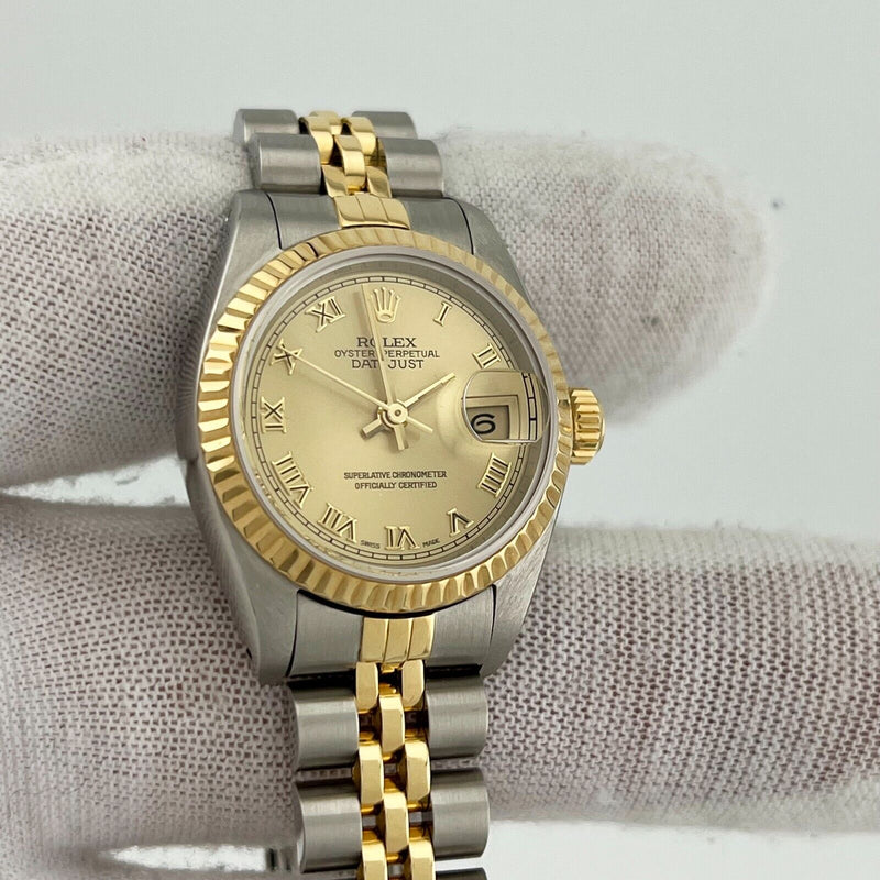 Rolex Ladies Datejust 69173 Champagne Roman Dial 18K Gold Steel Service Card