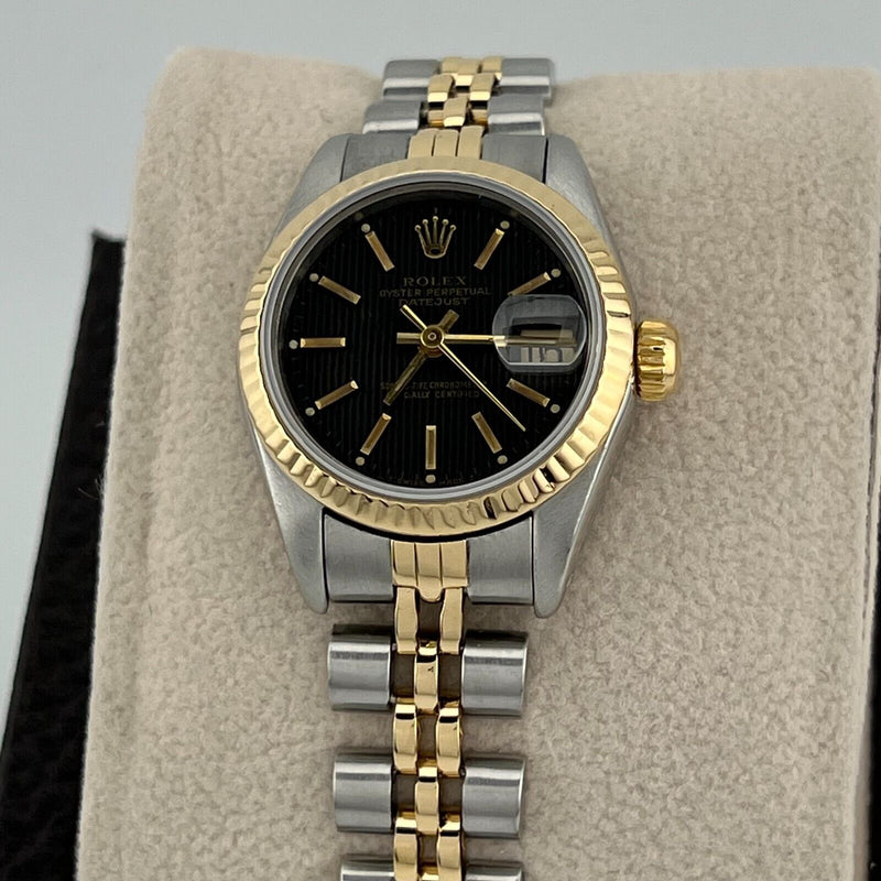 Rolex Ladies Datejust 69173 Black Tapestry Dial 18K Yellow Gold Steel Box Paper