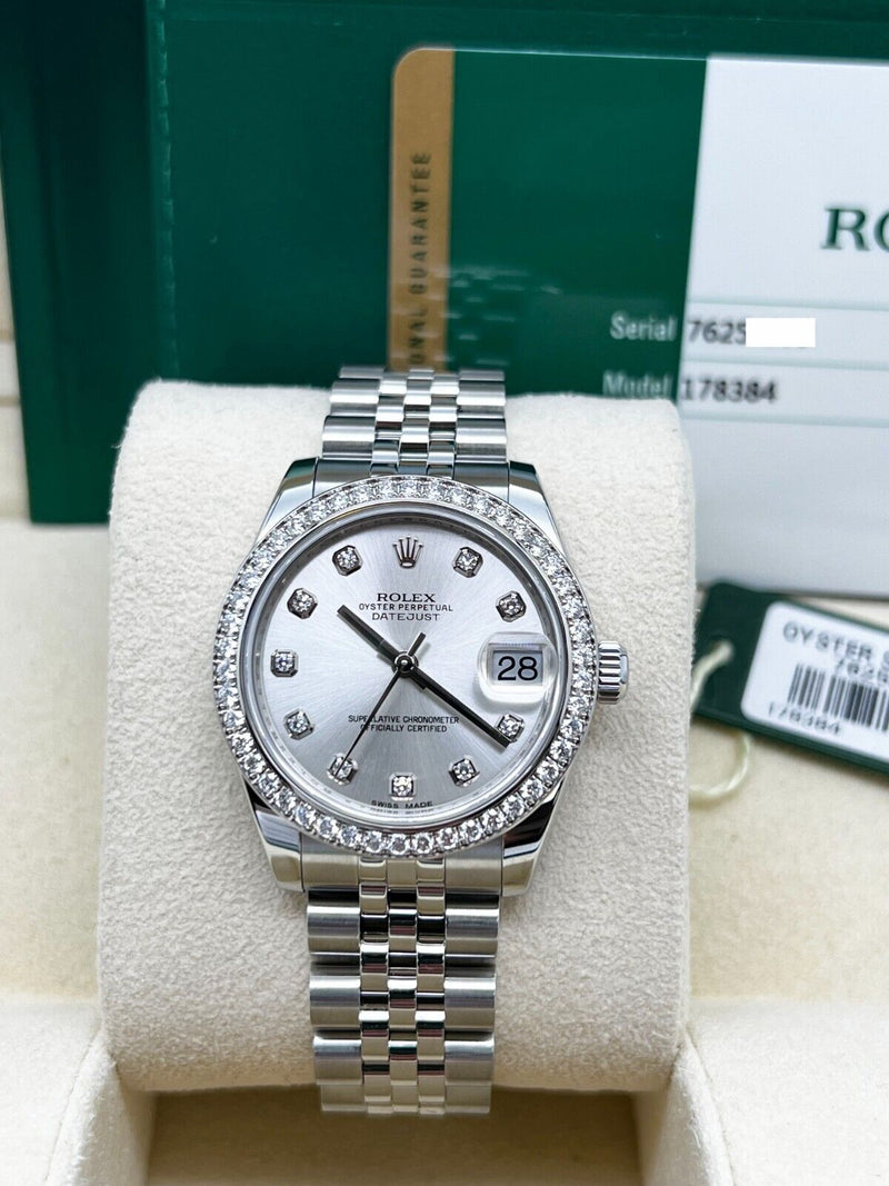 Rolex 178384 Datejust Midsize Silver Diamond Dial Bezel Steel Box Paper 31mm