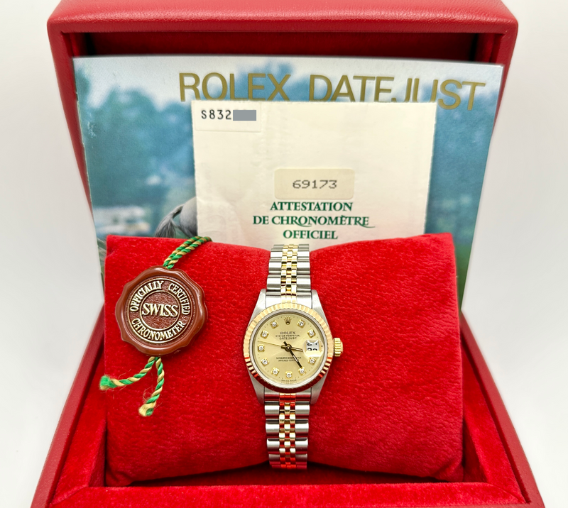 Rolex Ladies Datejust 69173 Champagne Diamond Dial 18k Gold Steel Box