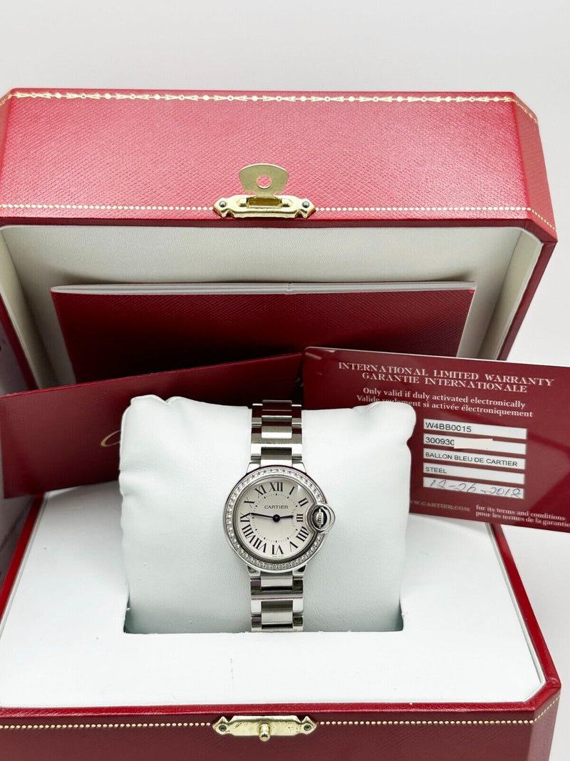 Cartier W4BB0015 3009 Ladies 28mm Ballon Bleu Diamond Bezel Stainless Box Paper